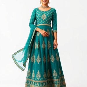 Teal Anarkali with Gold Embroidery
