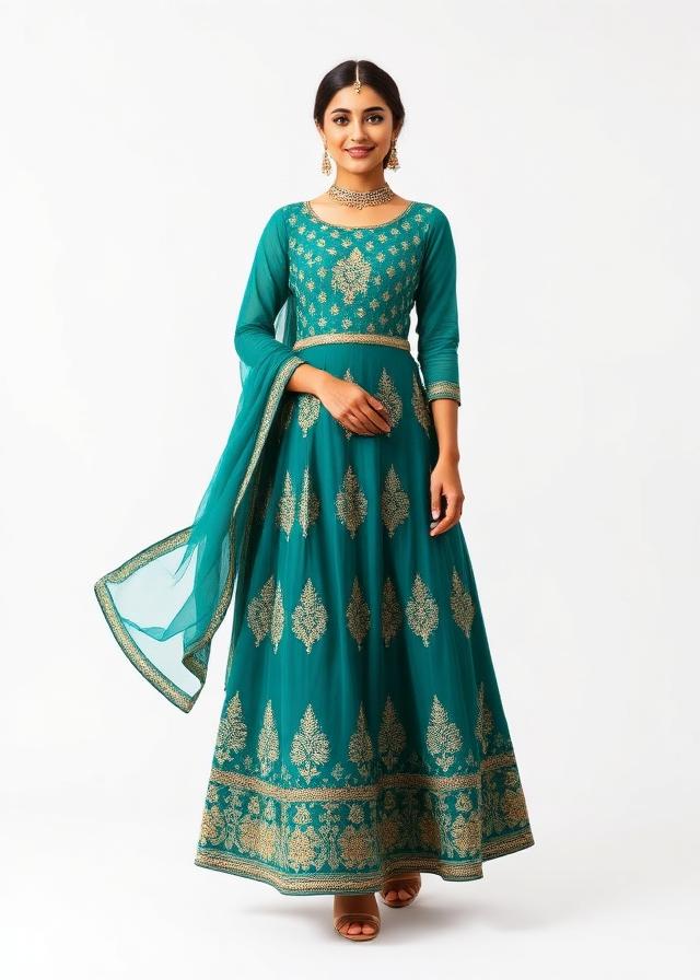Teal Anarkali with Gold Embroidery