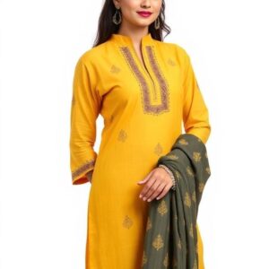 Mustard Block Print Straight Kurti